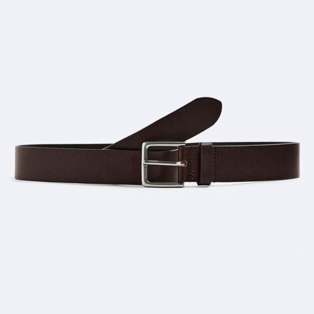 NWT Zara Men's Basic Leather Belt Brown Silver Buckle Minimalist Preppy Casual